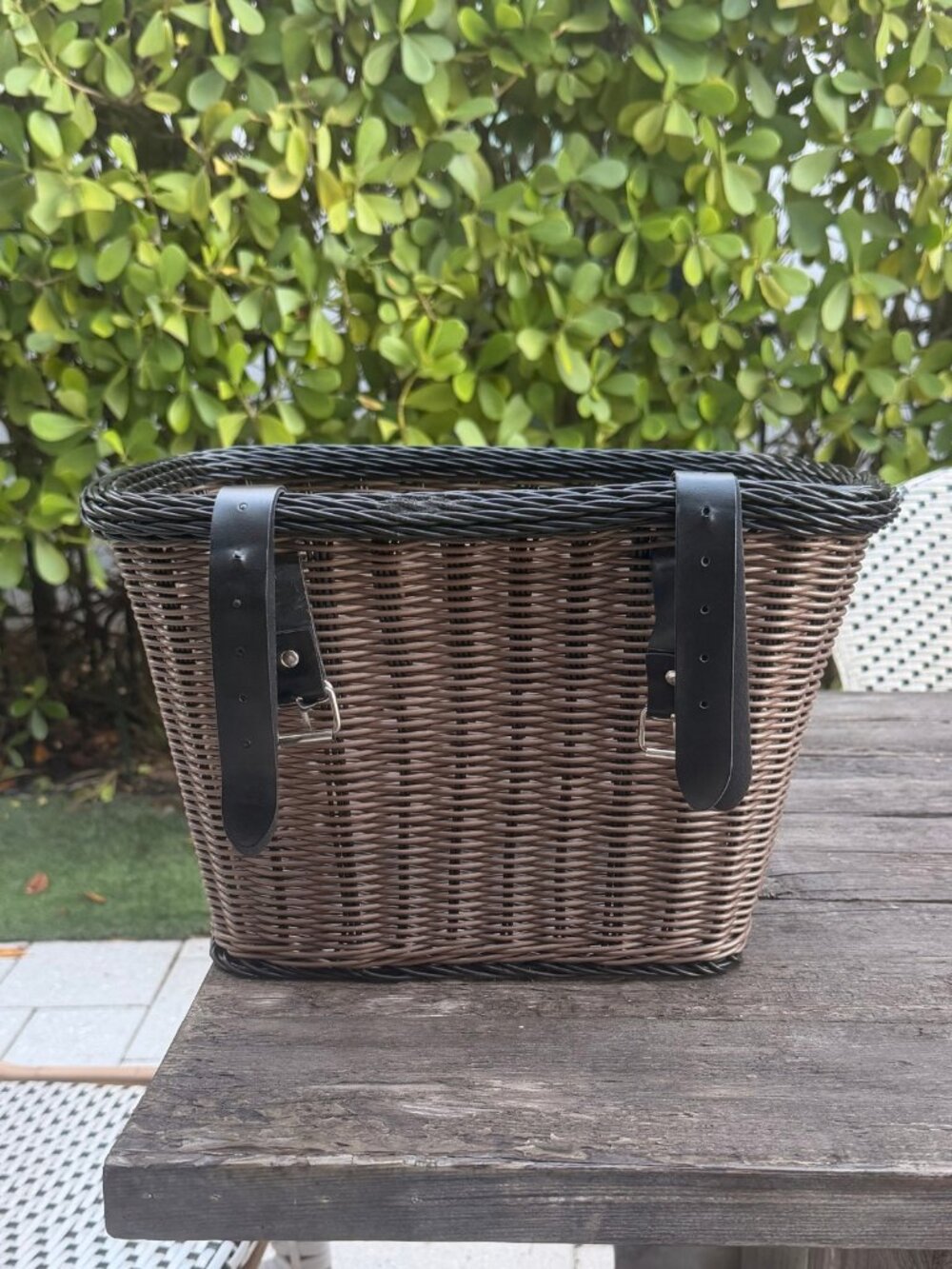 Nantucket Style Bike Basket Wicker Design Front Handle Bar Faux Leather Straps